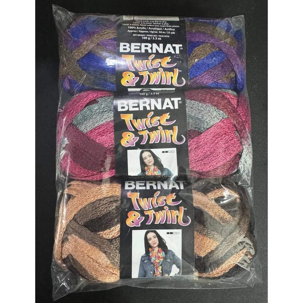 3 Skein Bernat Twist & Twirl Yarn Almond Fudge, Misty Merlot & Desert Blue